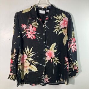 Womens Parisian Works Floral Linen Button Shirt Black Pink Green L Linen